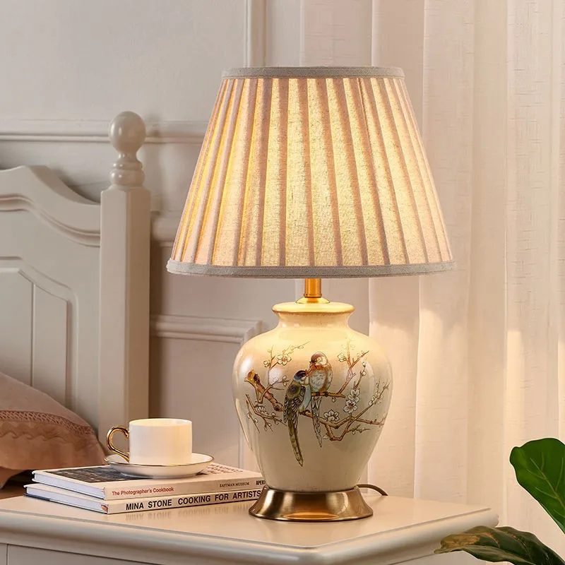 Retro flower-and-bird ceramic table lamp creative living room several hotel model rooms simple table lamp bedroom bedside lamp