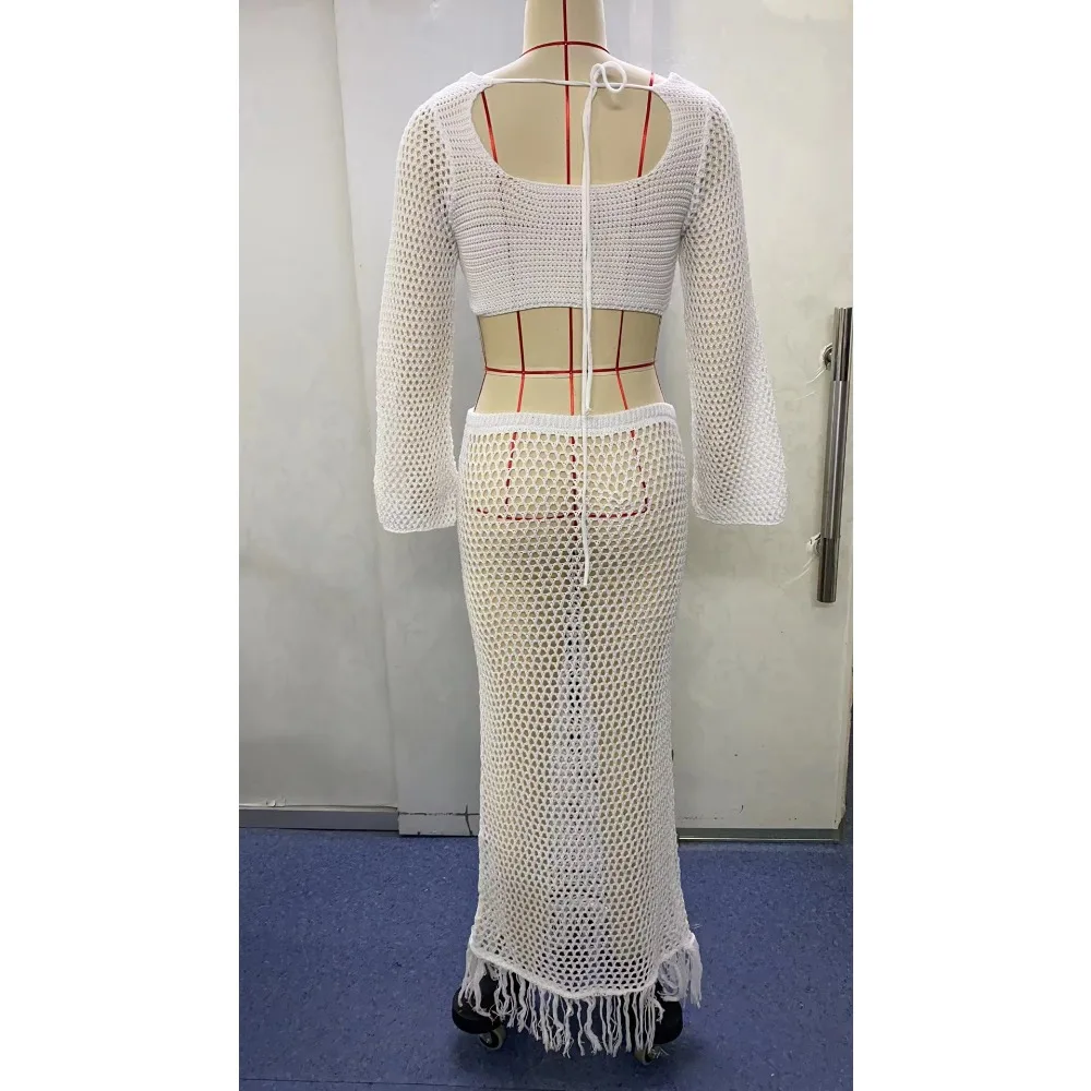 2025 여성 크로셰 니트 스커트 세트 속이 비치는 레이스업 수영복 커버업 2피스 니트 의상 세트 수영복 비치웨어 섹시 시스루