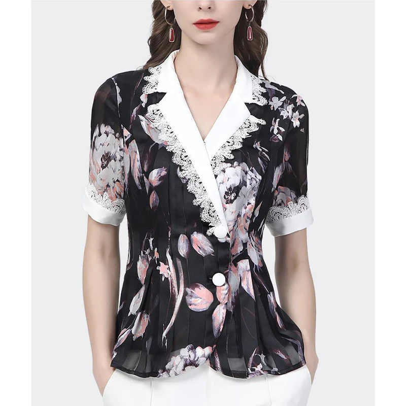 

Women Short Sleeve French Elegant Fashion Shirts Summer Short Sleeve Cardigan Femalt Clothes Lace Vintage Printed Tops