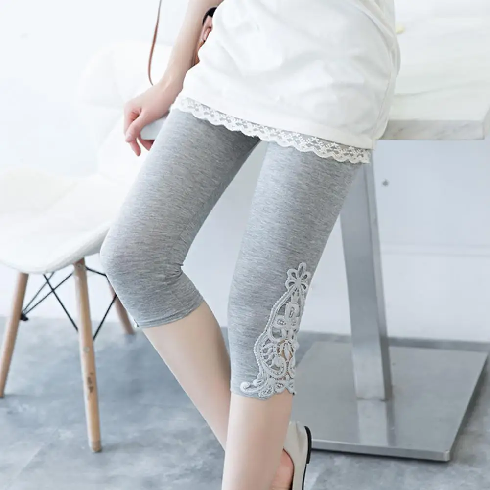 Women Leggings Summer Stretchy Cropped Pants Embroidery Lace Women Thin Tight-fitting Pants Fitness Sports Seven Point Leggings