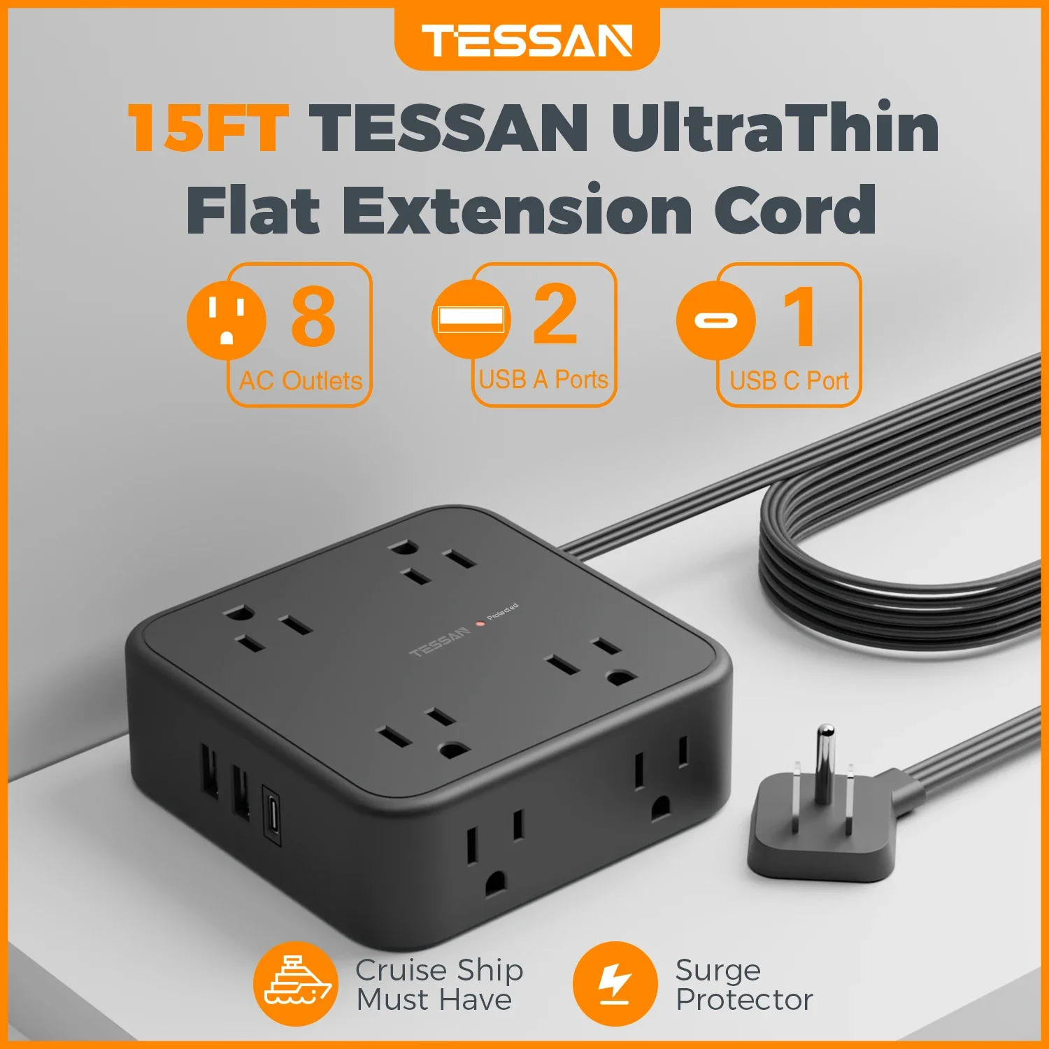 TESSAN Ultra Thin Flat Plug Power Strip Surge Protector with 8 Outlets 3 USB (1 Type-C) 900J Surge Protection Charging Station