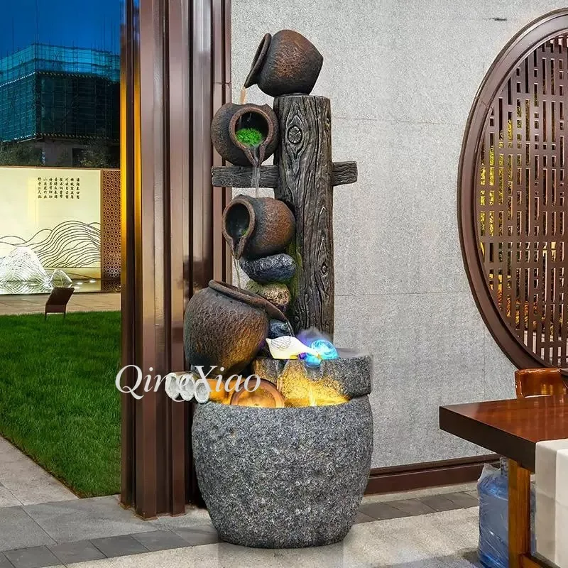 Stacked Jar Water Fountain Ornament, Cascading Circulating Water Feature, Rustic Tree Post Statue for Patio Balcony Decor