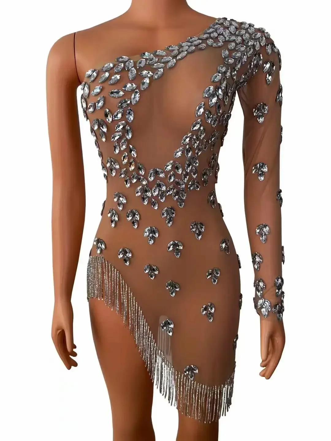 

Women Goddess See Through Stretch Rhinestone Sexy Mesh Sheer Dress Ballroom Stage Wear