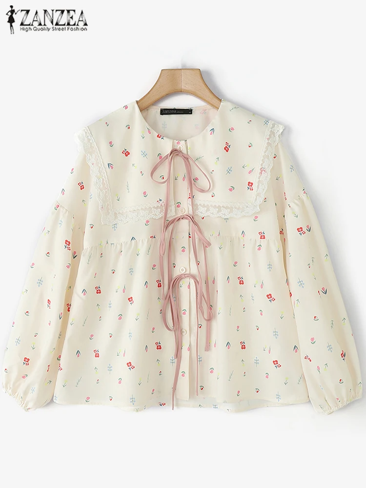 

Women Sweety Blouse ZANZEA Korean Fashion Doll Collar Tops 2025 Summer Flower Printed Shirt Vintage Lace-up Long Sleeve Blusas