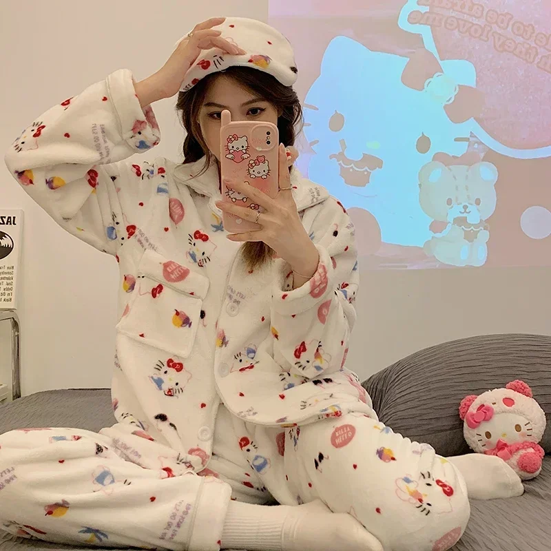 Sanrio Hello Kitty Winter Cotton Coral Fleece Thickened Women\'s Pajamas Women\'s Flannel Cartoon Warm Casual Homewear Set