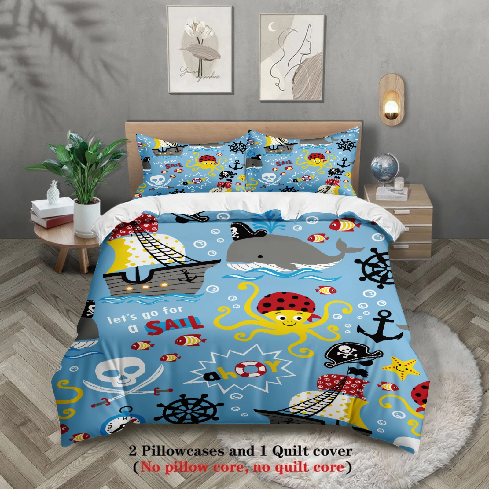 3pcs Pirate Ship Bedding Sets 3D Printed Ocean Adventure Playful For Kids Twin Size Duvet Cover Sets With Pillowcases No Filling