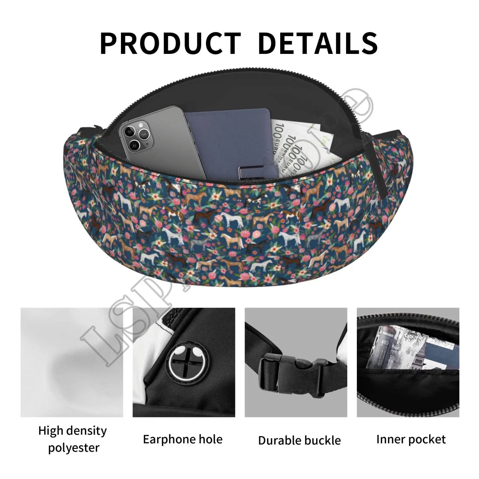 Funny Cute Navy Flower Horses Waist Bag with Headphone Hole Belt Bag Adjustable Sling Pocket Fashion Hip Bum Bag Cycling