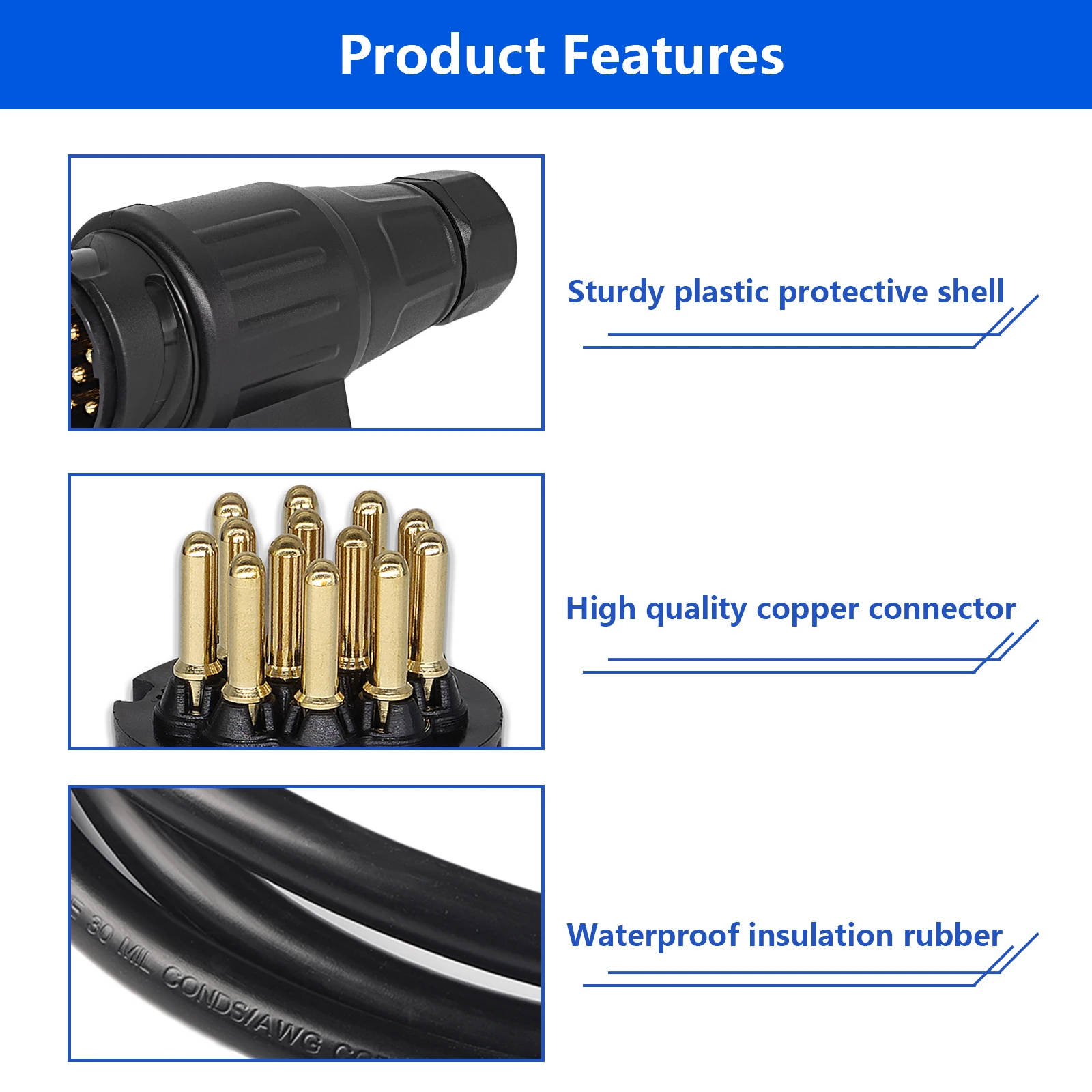13-pins stekker, voorbedraad voor aanhangwagens, caravans, 3 meter kabelverlengconnector
