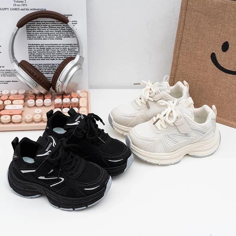 Kids'Casual Shoes Mesh Solid Color Autumn Fashion Sports Shoes For Children Breathable Anti-slip Black White Shoes Size 26-37