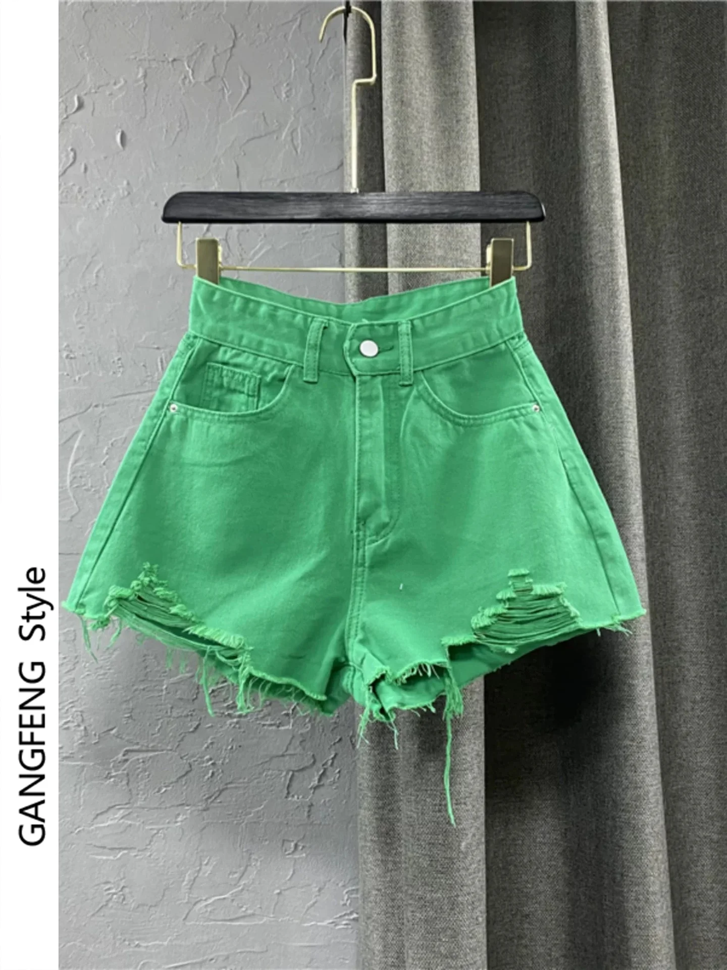 Candy Colored High Waist A-Line Denim Shorts Women's Summer Fashion Wide Leg Pants Korean Style Green Hole Punch Hot Pants