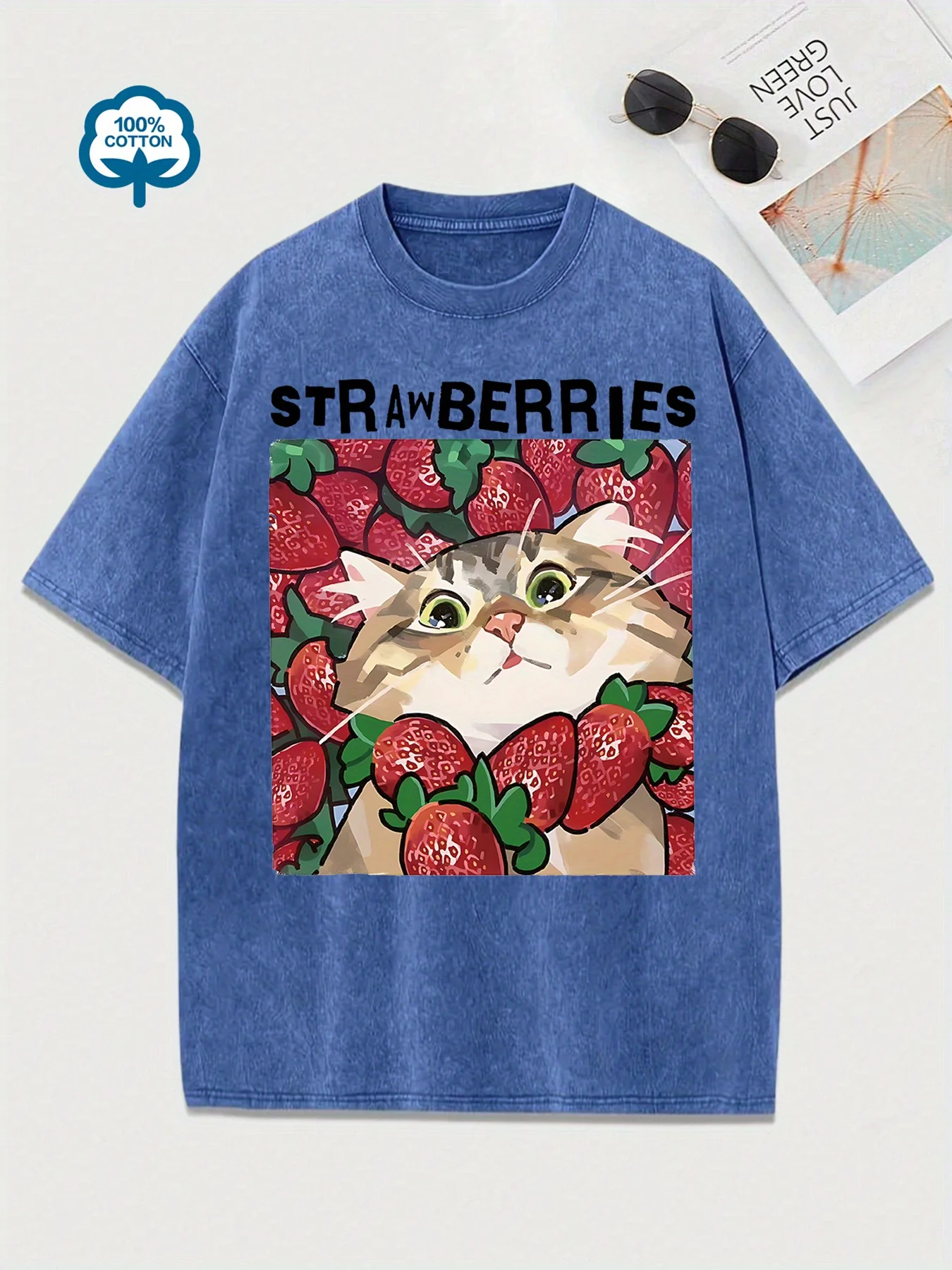 Fashion Women'S Washed Cotton Cute Cat Strawberry Print T-Shirt Vintage Style Short Sleeve Heavy Wash T Shirt Unisex