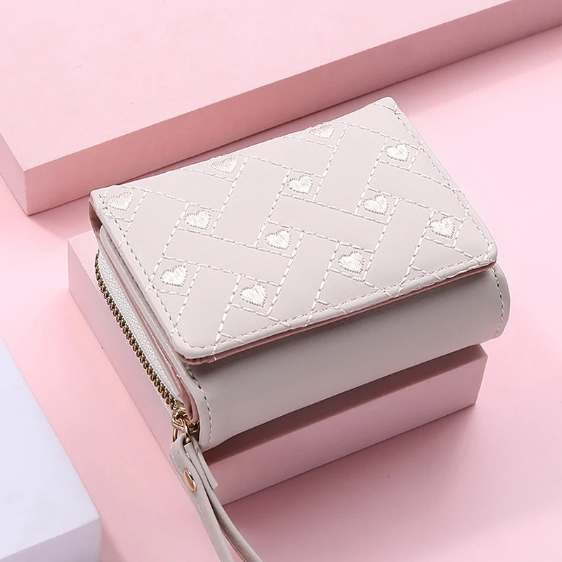 Women's Wallet Tri Fold Card Bag PU Multi Objects Pocket Short Fashion Embroidered Love Pattern Korean Minimalist New