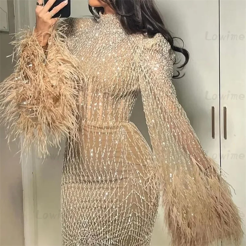 Robe Dubai Nude Champagne Mermaid Prom Dresses Crystal Feather Evening Dress Formal Celebrity Party Gown For Women Wedding Guest