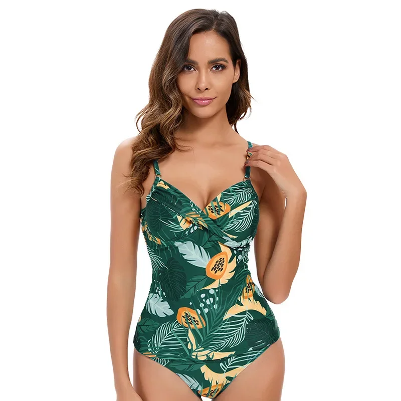 Women\'s Swimsuits 2024 Two Pieces Tankini Set Women Swimwear Female Bathing Suit Leaf Printed Swimsuit Woman Summer Beachwear