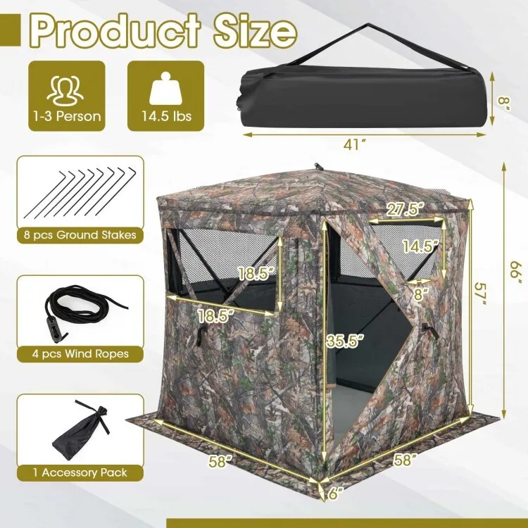 2-3 Person Hunting Blind Portable Pop Up Camouflage Ground Tent W/Storage Pocket view 4