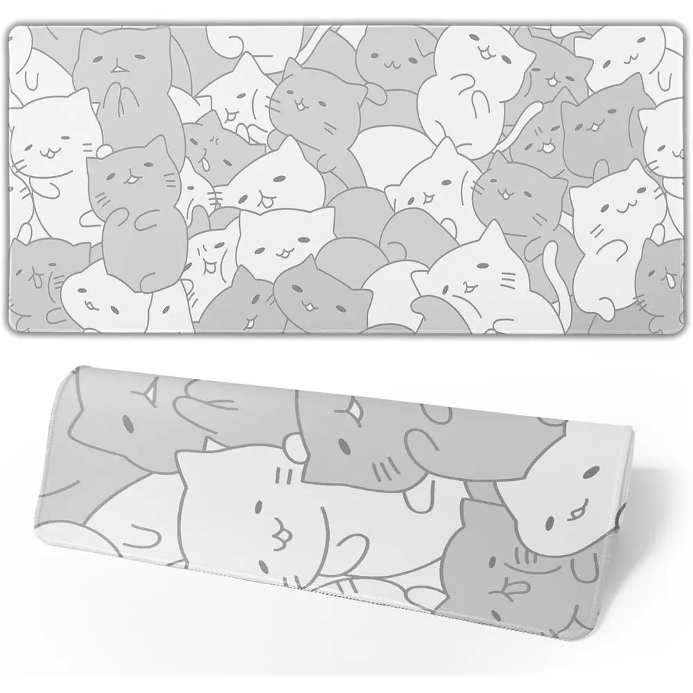 

Large Kawaii Cat Gaming Mouse Pad with Non-Slip Rubber Base and Stitched Edges for Desk, 31.5x11.8 Inches