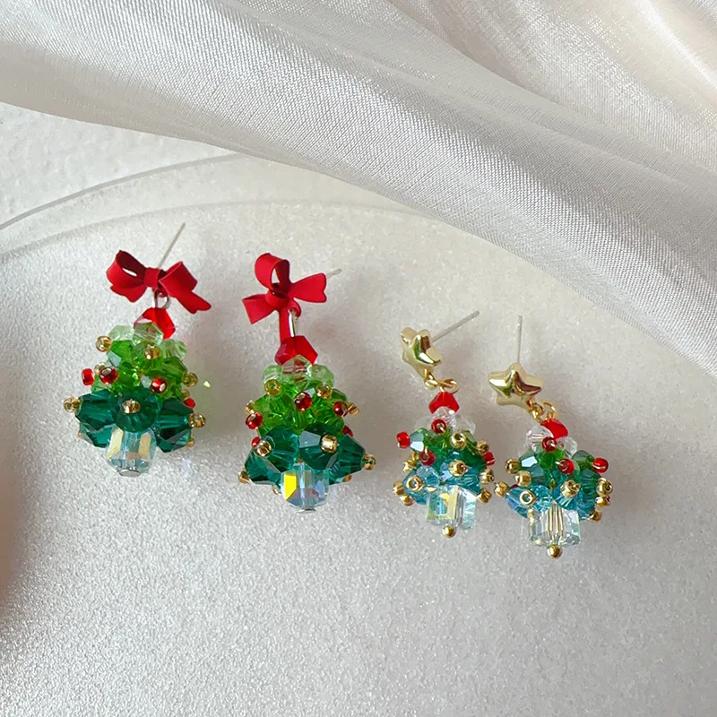 Korean Sweet 3D Bowknot Christmas Tree Earrings For Women Green Crystal Xmas Tree Drop Earrings Merry Christmas Jewelry Gifts