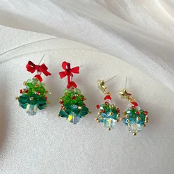 Korean Sweet 3D Bowknot Christmas Tree Earrings For Women Green Crystal Xmas Tree Drop Earrings Merry Christmas Jewelry Gifts