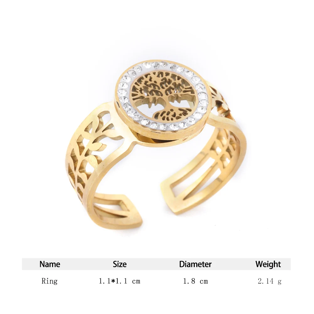 Cring Coco Stainless Steel Women\'s Ring Adjustable Tree of Life Jewelry Accessories Rhinestones Aesthetic Dating Rings for Women