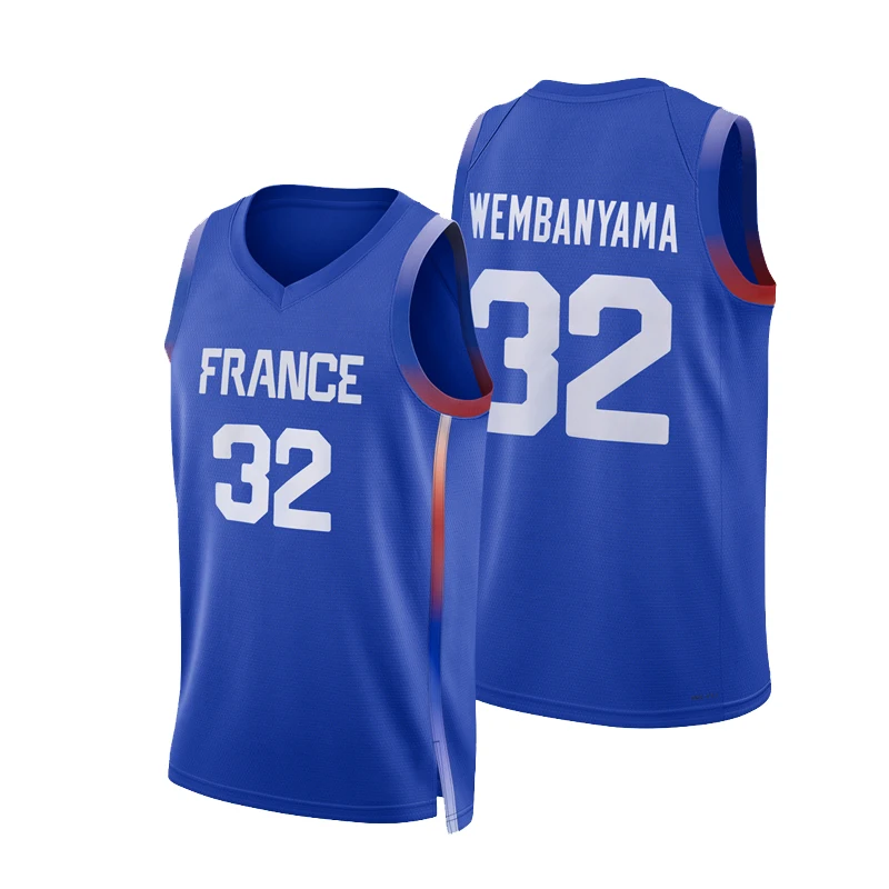 

2024 Basketball jerseys FRANCE 32 WEMBANYAMA Sewing embroidery Outdoor sportswear Hip hop culture blue white Sweat absorption