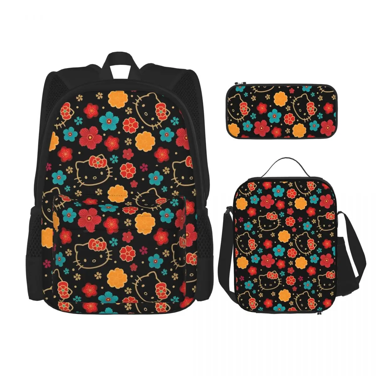 3pecs/set Hello Kitty mochila negra para adolescentes lindo bolso de hombro de escuela secundaria de dibujos animados bolsa de almuerzo estuche para lápices