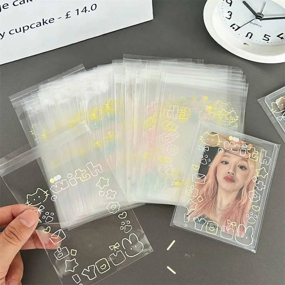 50count Kawaii Kitten Opp Self-Adhesive Bag And Hard Card Sleeves Card Combo Packaging Bag Small Photo Self Sealing Gift Bags