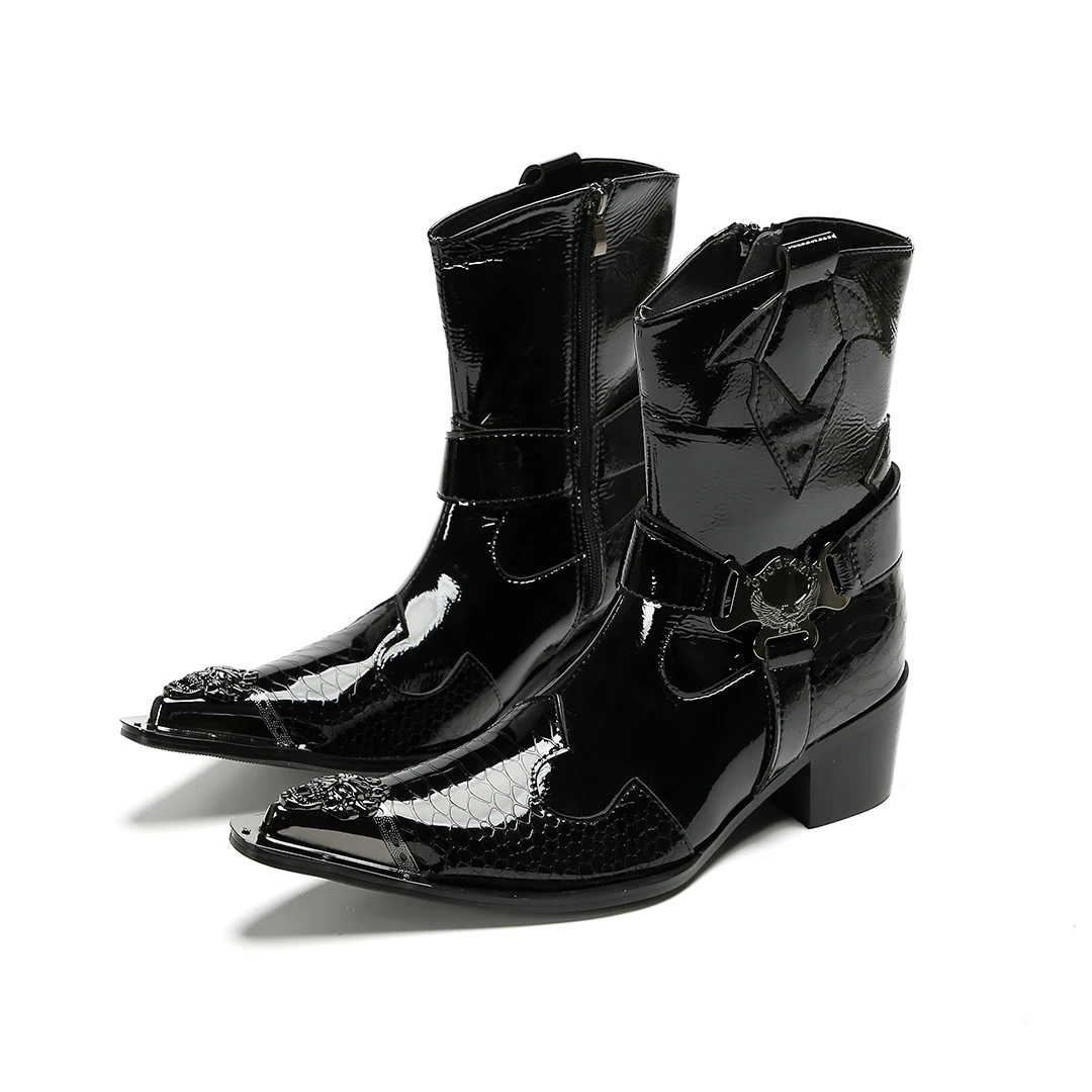 

Split-toe Men's Side-Zip Genuine Leather Boots Rider Boots in Black with Printed Design Stage & Banquet High-Heel Men's Boots