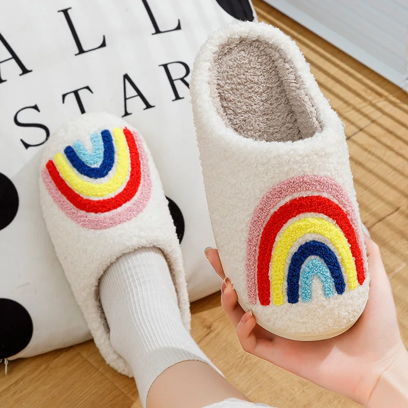 Bedroom Home Slippers Women Rainbow Fluffy Cushion Slides Cute Women's Comfortable Houseshoes Winter Soft Sole Shoes