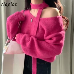 Neploe Chic French Minimalist Sexy Knitted Pullover Femme 2024 Autumn Off Shoulder Hanging Neck Long Sleeve Solid Color Sweater