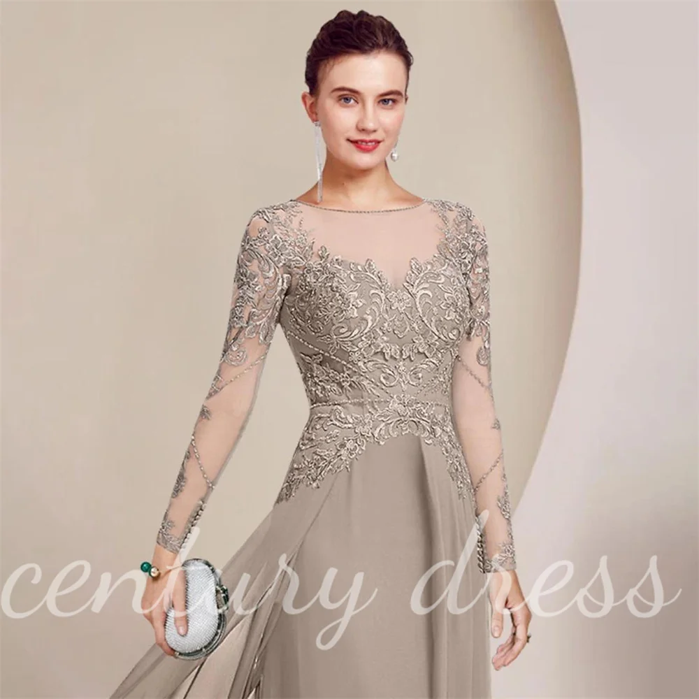 Customized Long Sleeve Mother of the Bride Dress For Wedding  Elegant Scoop Neck Embroidery Formal Party Dresses Applique Lace