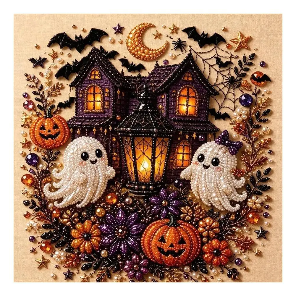 Halloween Geist & Kürbis 3D Perlenkunst DIY-Set 3D Perlenmosaik Bastelset Niedliche Schwarze Katze Geist Kürbis Leinwandkunst Heimdekoration – Detail 5