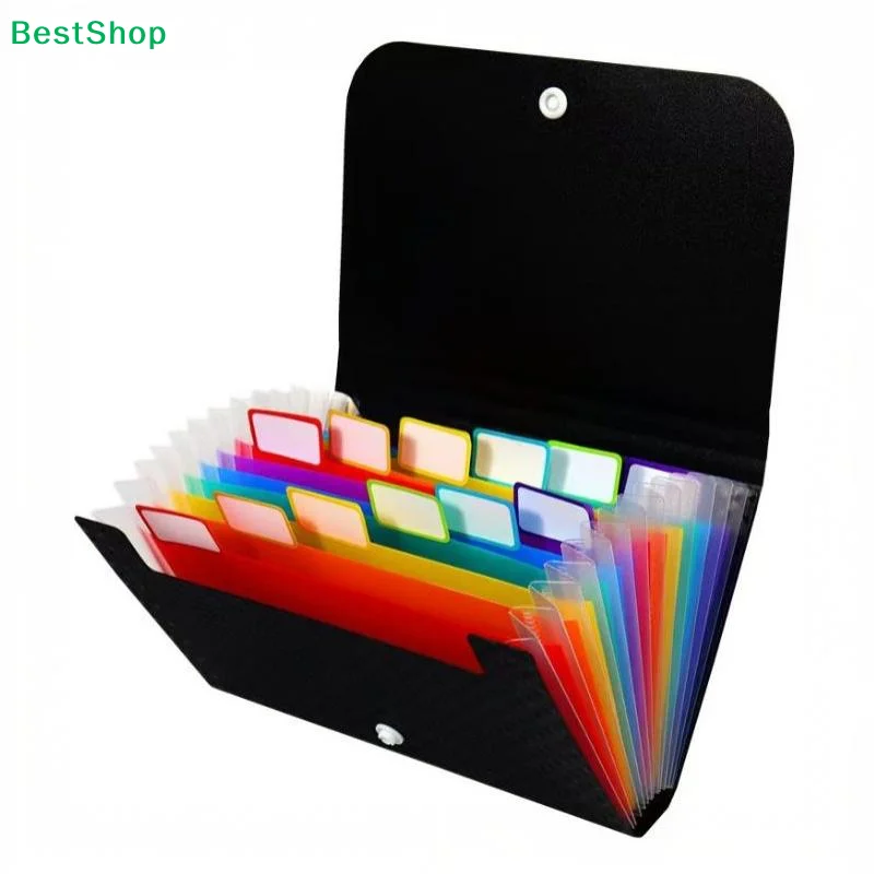 〔Q〕13 Pocket Rainbow Expanding File Folder Clear Waterproof Cover Secure Buckle For Office School Document Storage