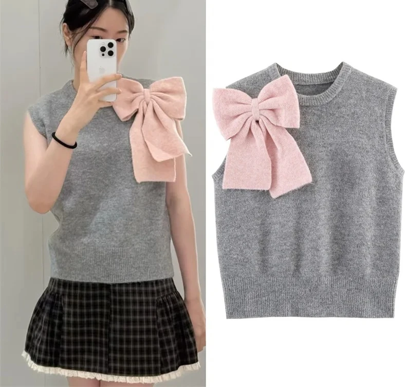 

Ladies' knitted vest lazy style with bow decoration top autumn round-neck fashionable casual women's wear