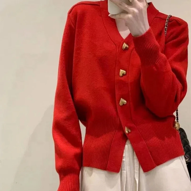 Spring Autumn Solid Color V-neck Long Sleeve Sweater Women High Street Button Patchwork Casual Cardigan Elegant All-match Tops