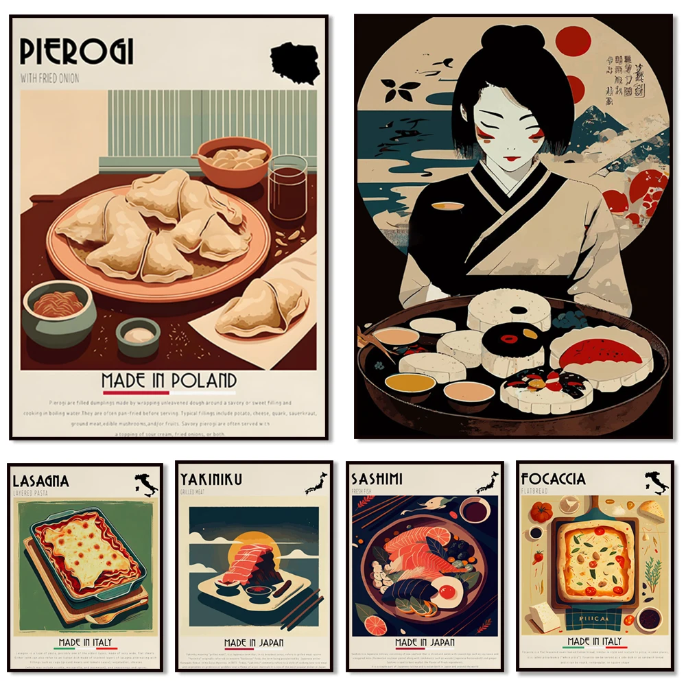 Cocina japonesa, sashimi, carne a la parrilla, sushi, espaguetis, focaccia, cartel Pierogi de cocina polaca, decoración de cocina moderna, comida