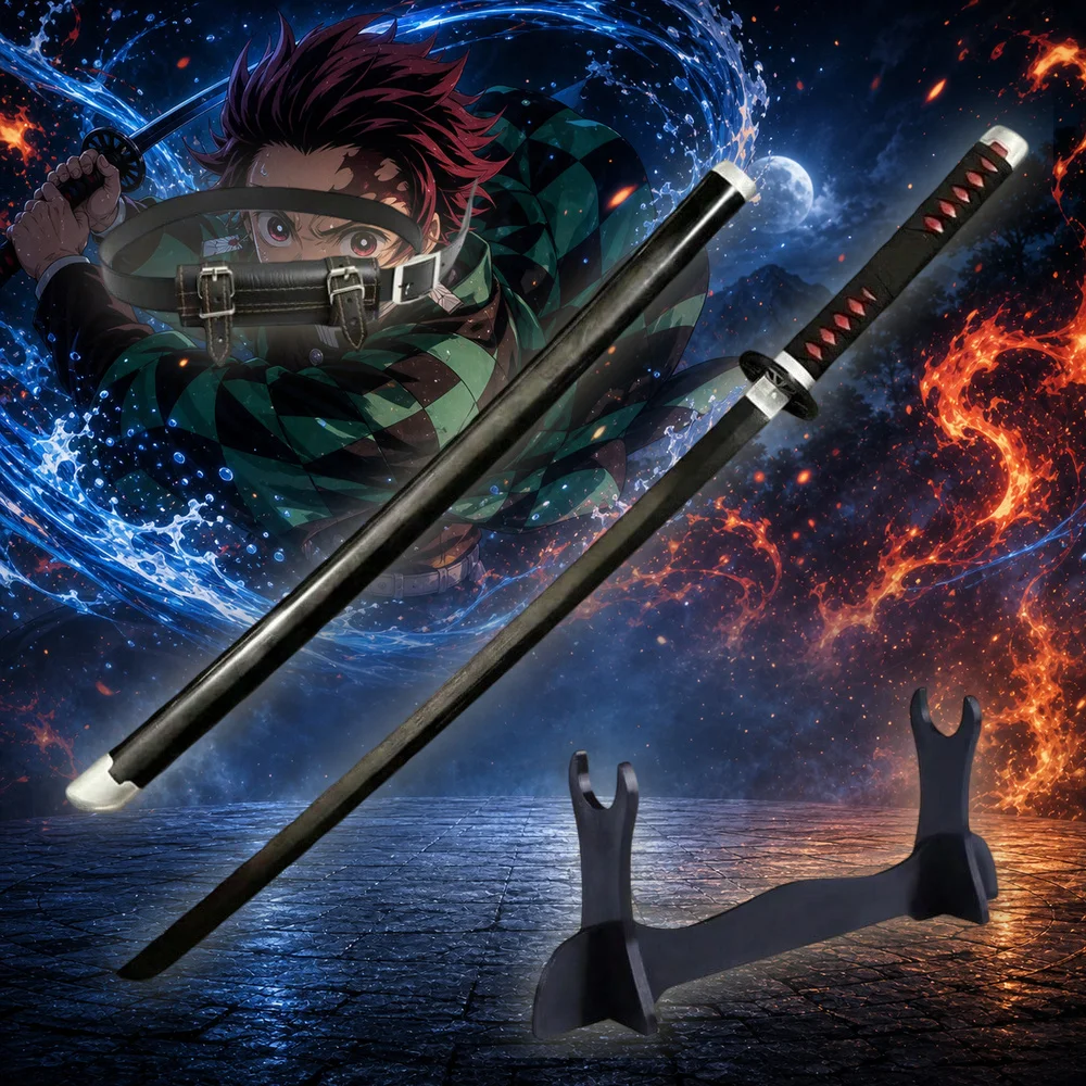 40inch 101cm Katana Sword Demon Slayer Tanjiro Nichirin Black Wood Bamboo Blade Anime Cosplay Costume Prop Belt Holster Stand Kimetsu no Yaiba Samurai Ninja Katana Wooden Sword Sabre Schwert Manga Katana Toy Gift Collection Display Set
