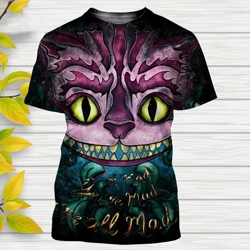 MINISO Boys Girls T-shirts Disney T-shirts 3D Printed Cheshire Cat Short Sleeve Oversized Men's T-shirts Fashion Men's Clothing