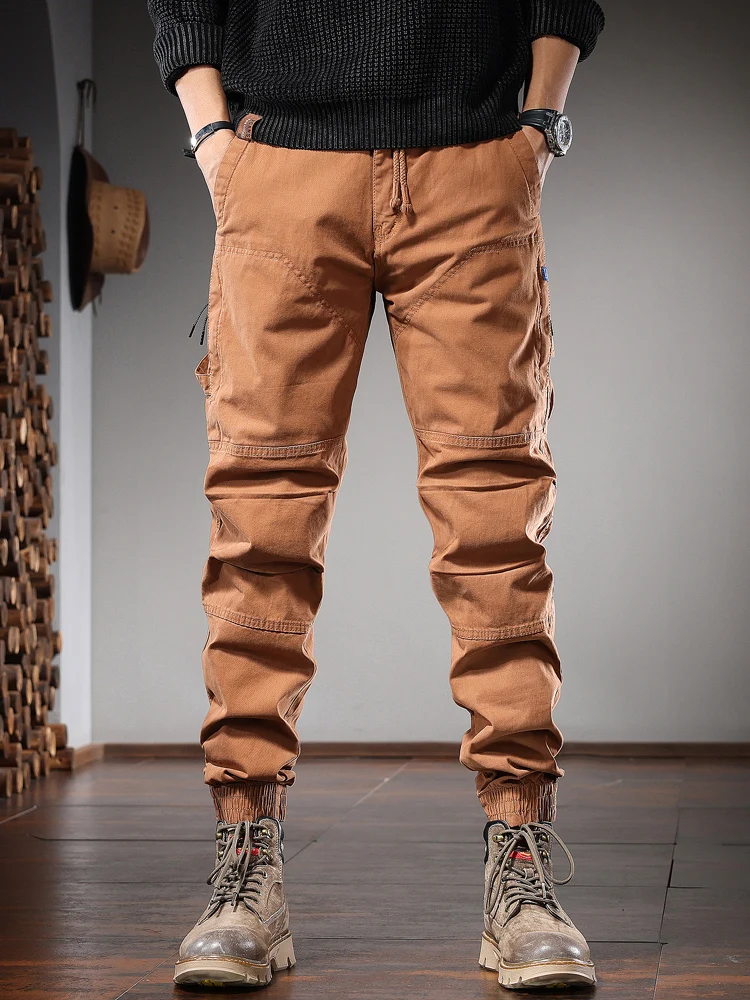 Autumn Cotton Casual Pants Men Tactical Cargo Pants Fashion Slim Fit Elastic Waist Drawstring Trousers