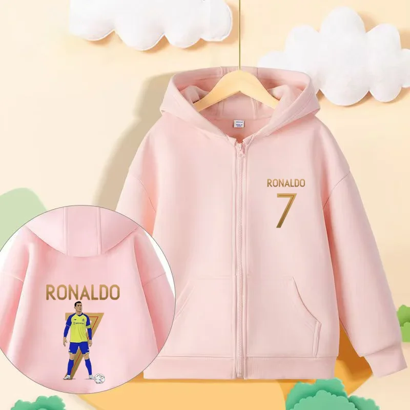 Football star Ronaldo, children\'s hoodie, zip up shirt, casual and fashionable style for boys and girls aged 3-14