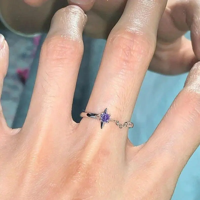 Simple Purple Zircon Cross Star Chain Rings Fashion Romantic Geometric Chain Splice Rings Women Girl Finger Jewelry Accessories