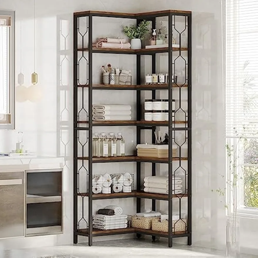 رف زاوية، رف كتب زاوية صناعي مكون من 7 طبقات، رف عرض قائم بذاته لغرفة المعيشة والمطبخ والمكتب المنزلي، بني داكن #5