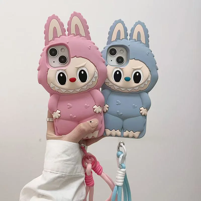 Funda de teléfono de silicona suave con dibujos animados 3D Kawaii Monster Rabbit para iPhone 16 15 14 Plus 13 12 11 Pro Max 16promax con funda con cordón