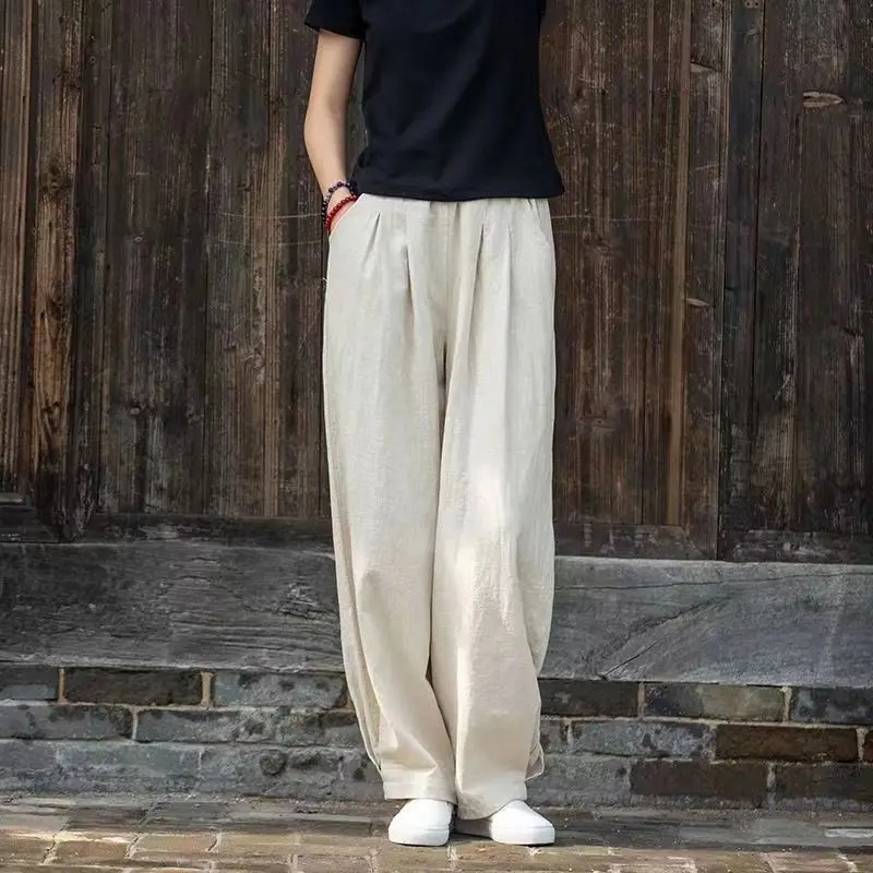 2024 Summer Women\'s Elegant Retro Casual Solid Color Pockets Loose and Fashion Thin Cotton and Hemp Self Tubing Wide Leg Pants