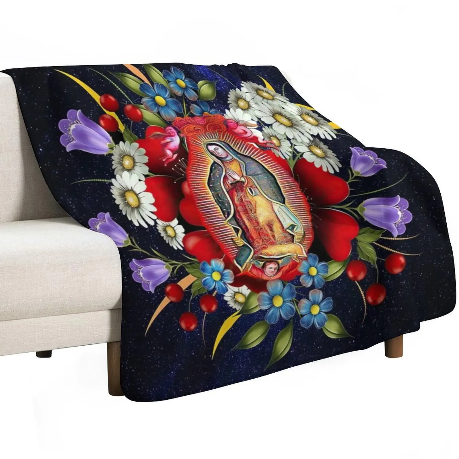 Our Lady of Guadalupe Mexican Virgin Mary Mexico Flowers Tilma Throw Blanket Furrys Hairy Decorative Throw anime Blankets