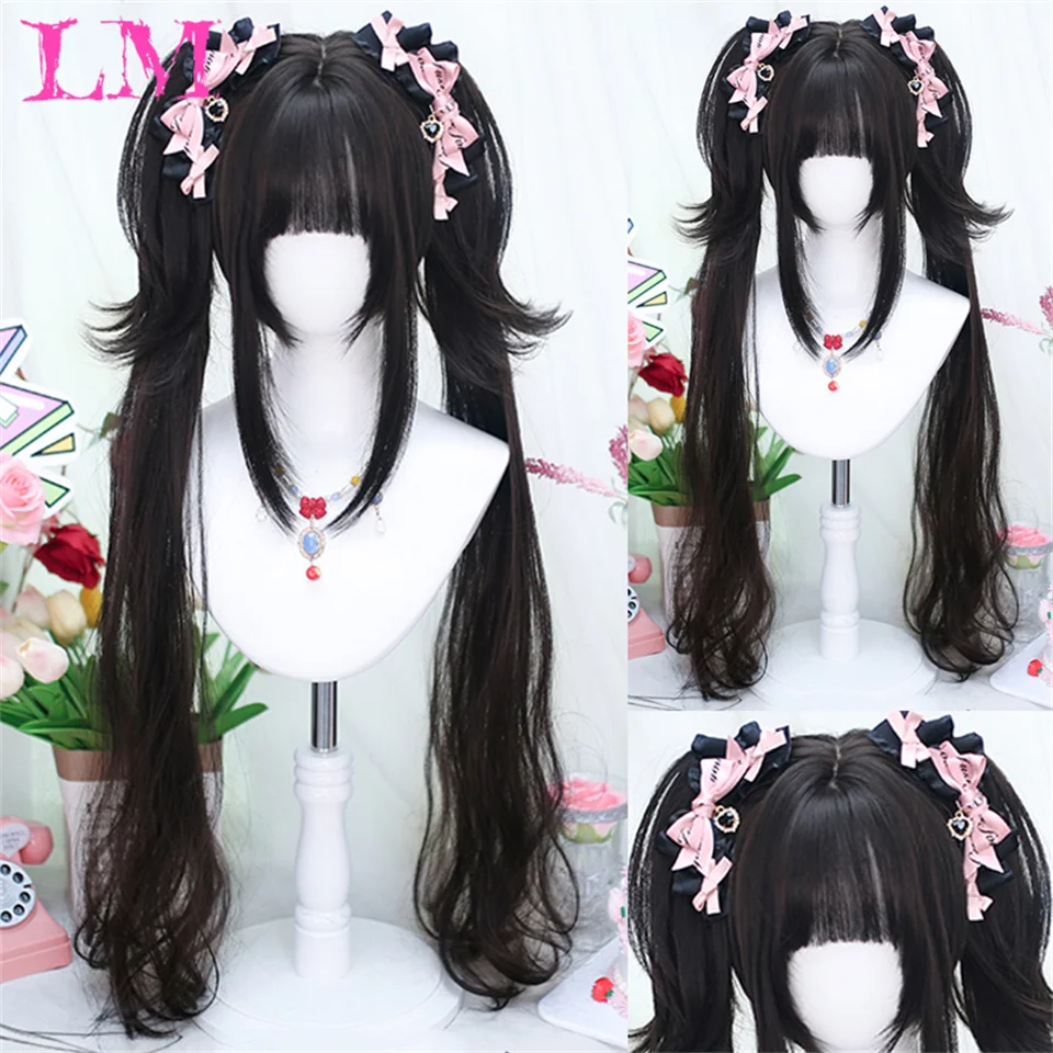 LM synthetische zwarte pruik met lange paardenstaart korte rechte pruik Lolita Cosplay Party Harajuku blonde pruik met pony voor vrouwen