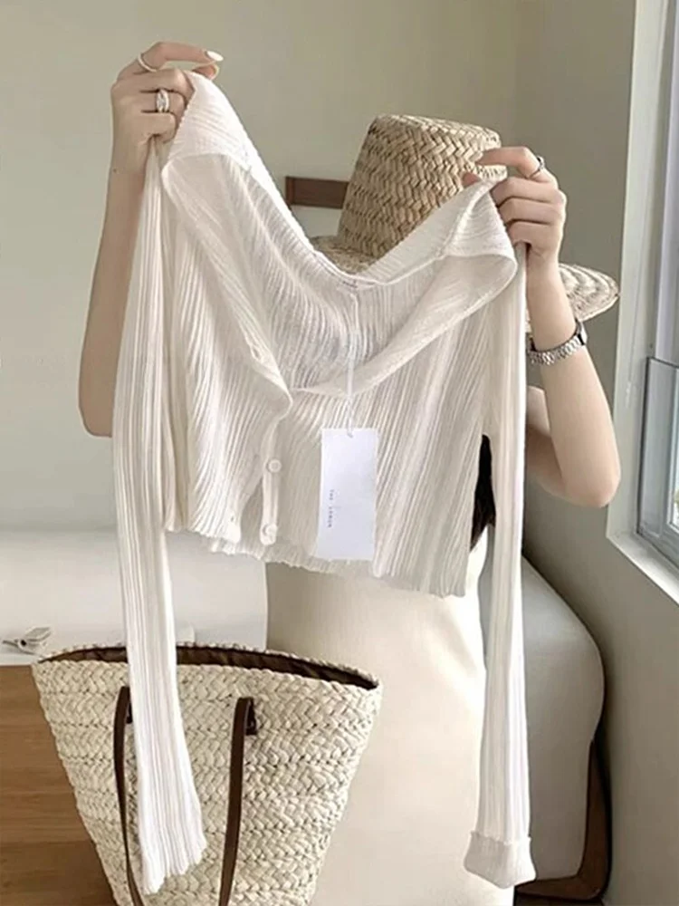 

White Ice Silk ort Knitted V-Ne Women's Cardigan Summer Air Conditioning Cover up oulder awl Outerwear for Dres