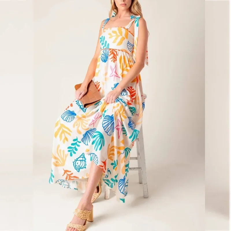 Y2K Abito lungo senza maniche Stampa con cinturino per spaghetti Abito a linea Abito ampio da spiaggia per le vacanze Abito lungo floreale Boho da donna