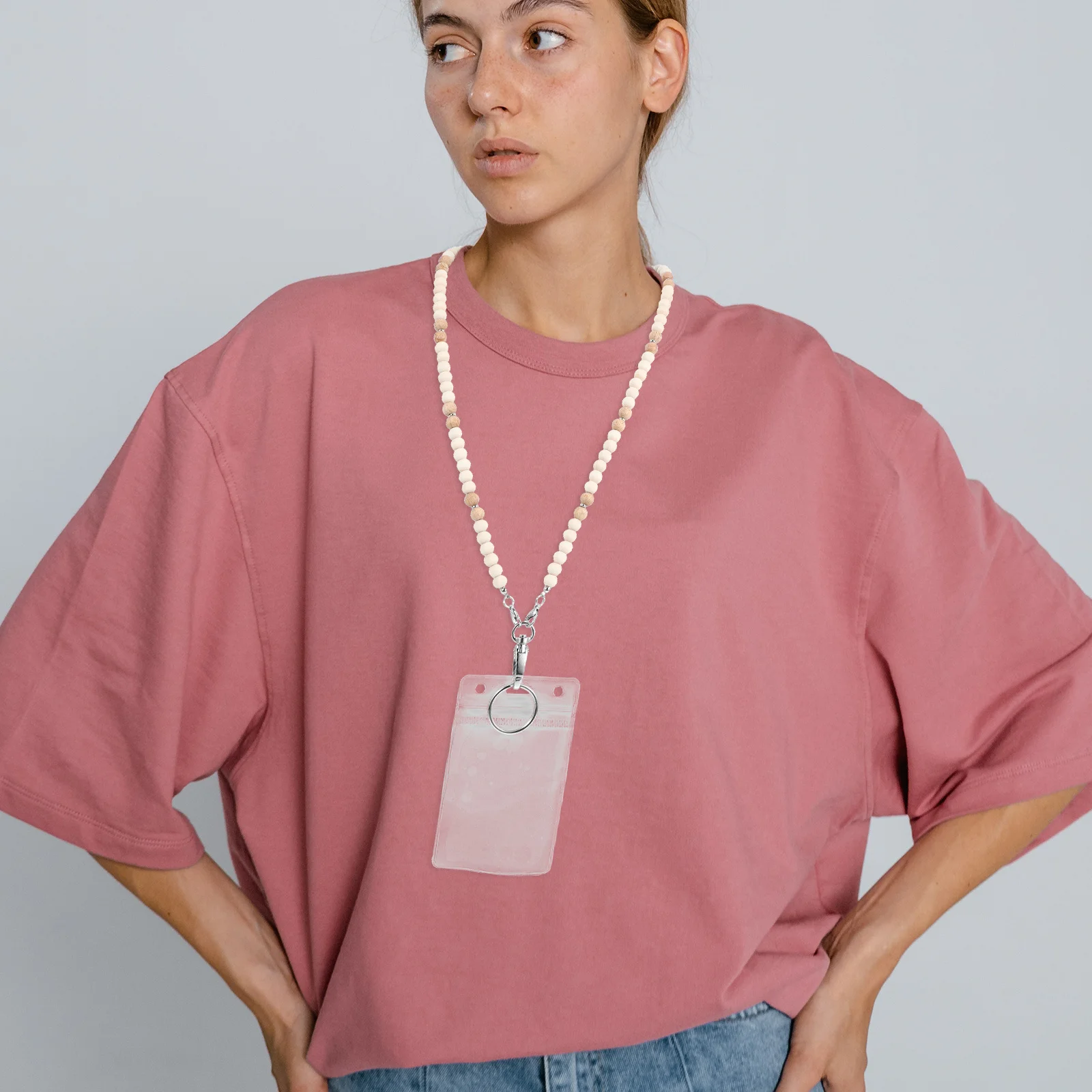 

Retractable Badge Holder Wooden Beaded Lanyard Id Card Holder Teacher Badge Necklace Lightweight Comfortable Id Lanyard