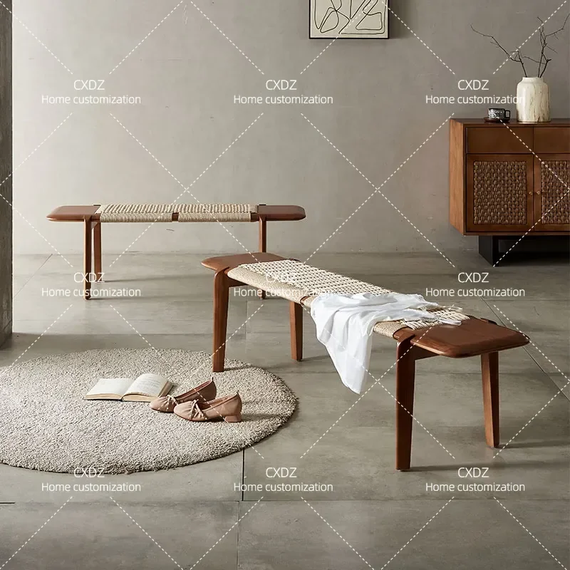Nordic Rattan Bedside Stool Bedroom Shoe Changing Bench Footrest Couch End Table Clothing Store Display Seat Home Decor