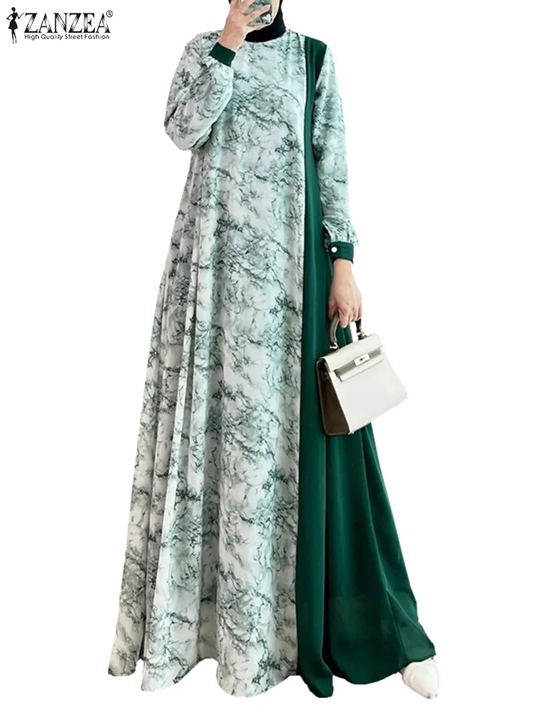 ZANZEA O Neck Lantern Sleeve Islamic Robe Fashion Elegant Color Blocking Women Maxi Dress Muslim Floral Patchwork Abaya Vestidos